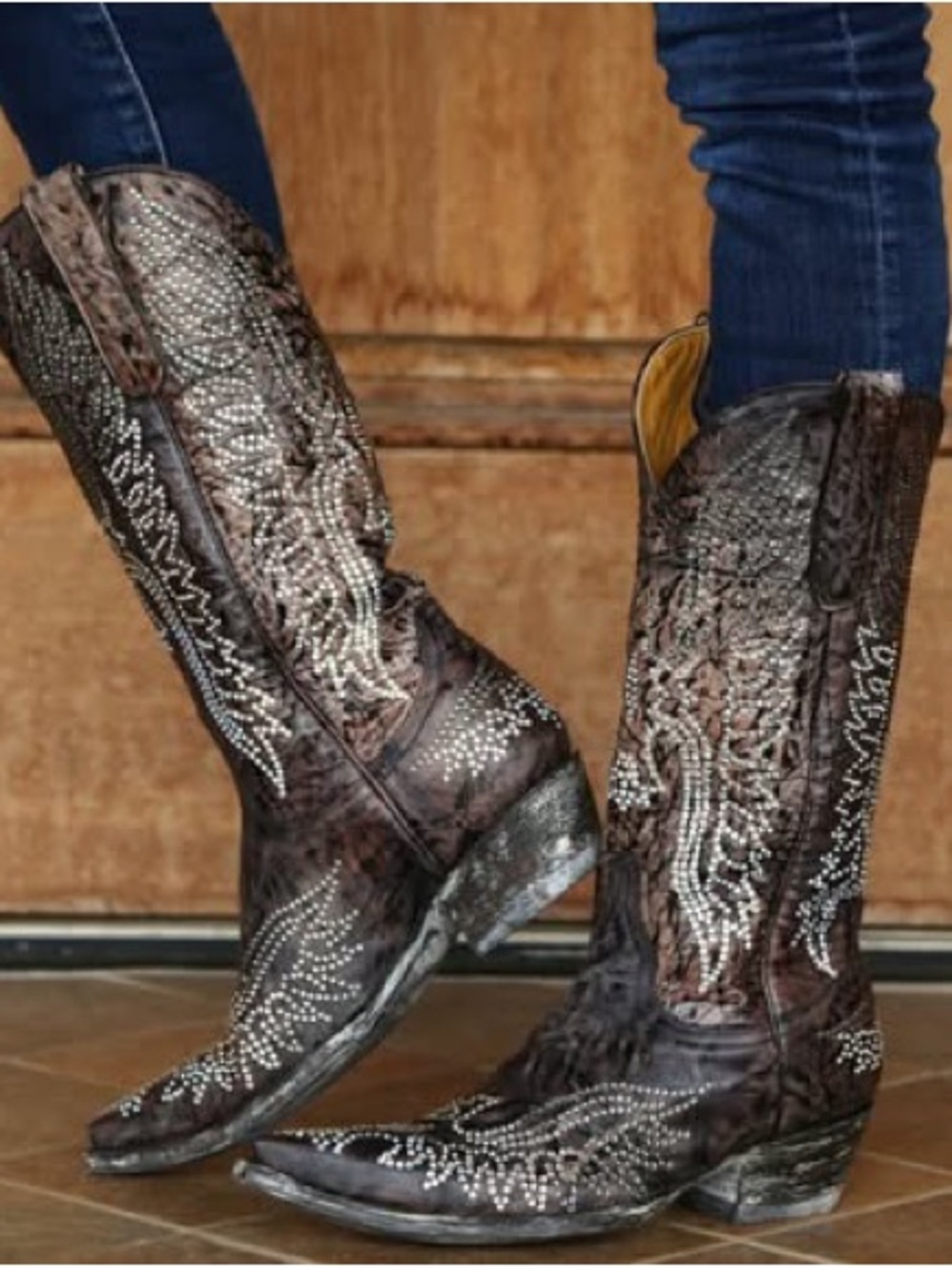 Old Gringo Brown Leather Western Crystal-Studded Eagle Heeled Boots